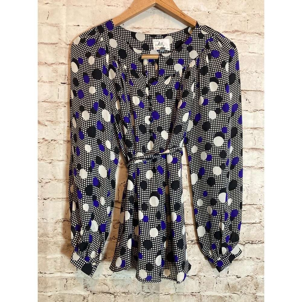 Vintage Milly of NY Silk Top Womens4 Cobalt Retro Polka Dots Puff Sleeve Belted